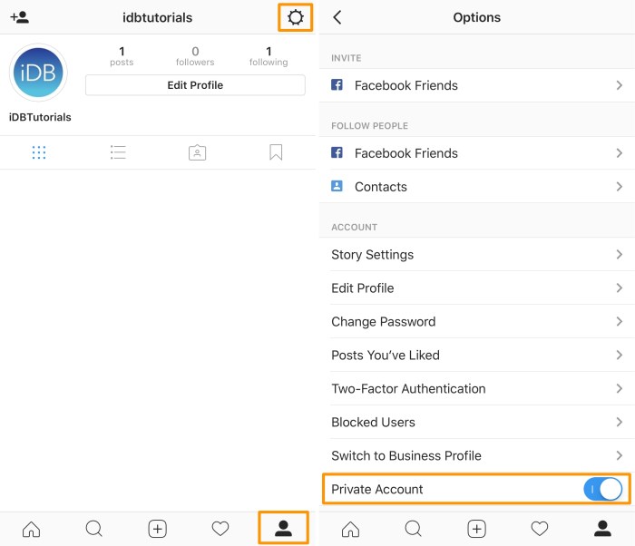 Instagram business private make profile account settings app tab button steps tap tip right top